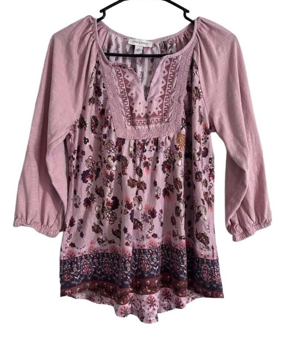Vintage America Miller Boho Pink Floral Embroidered V-Neck Peasant Top